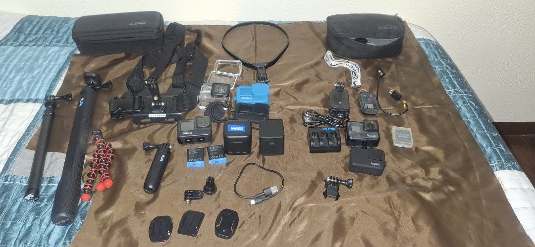 GoPro Camera and Accessories Bundle (Category: Cameras) located in Quezon City. Submitted by sharpknivesmatter_ph (Listing ID 1428374199, Image 1). Description: Gopro 9 black (working) and Gopro 7 black(non-functioning dahil sa overheat) with accessories original(OG) gopro monopod OG minitripod Joby mini tripod 2 batteries 2 silicon protection 2 battery chargers 2 Gopro pouches Selling as a set.