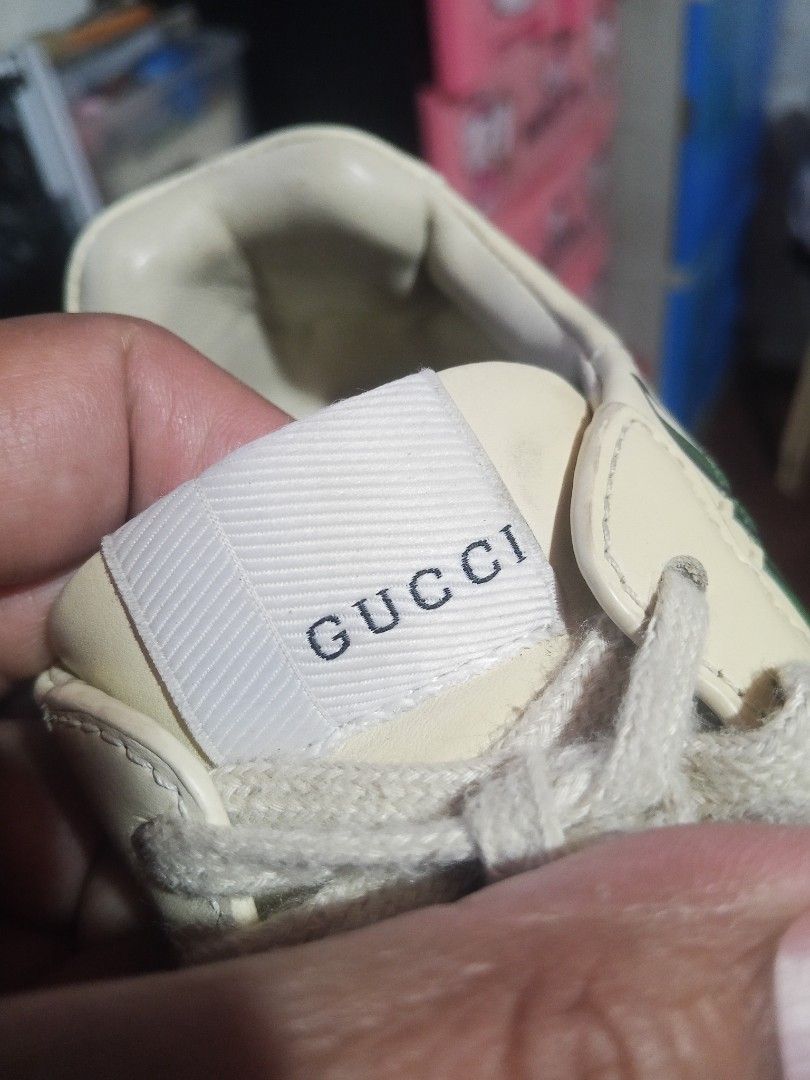 Gucci Rhyton Sneakers (Category: Sneakers) located in Zamboanga. Submitted by alminajammang19 (Listing ID 1428426074, Image 3). Description: Authentic Gucci Rhyton sneakers. Features the iconic Gucci logo on the side and insole. Made in Italy. The shoes have a cream color with a chunky sole. Size 35. Includes the Gucci logo on the tongue and the bottom of the shoe. The shoes have a lace-up closure..