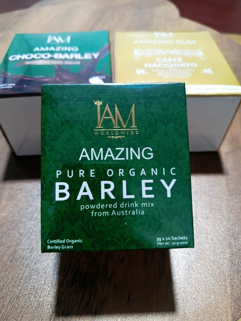 IAM Worldwide Amazing Barley, Choco-Barley, Slim (Category: Health Food, Drinks & Tonics) located in Pasay City. Submitted by mjdiaz.43 (Listing ID 1428379727, Image 1). Description: IAM Worldwide Amazing Barley, Choco-Barley, and Slim drink mixes. Amazing Pure Organic Barley is a powdered drink mix from Australia. Amazing Choco-Barley is a drink mix with stevia. Amazing Slim Caffe Macchiato contains Aloe Vera, Arabica Coffee, Garcinia Cambogia, 