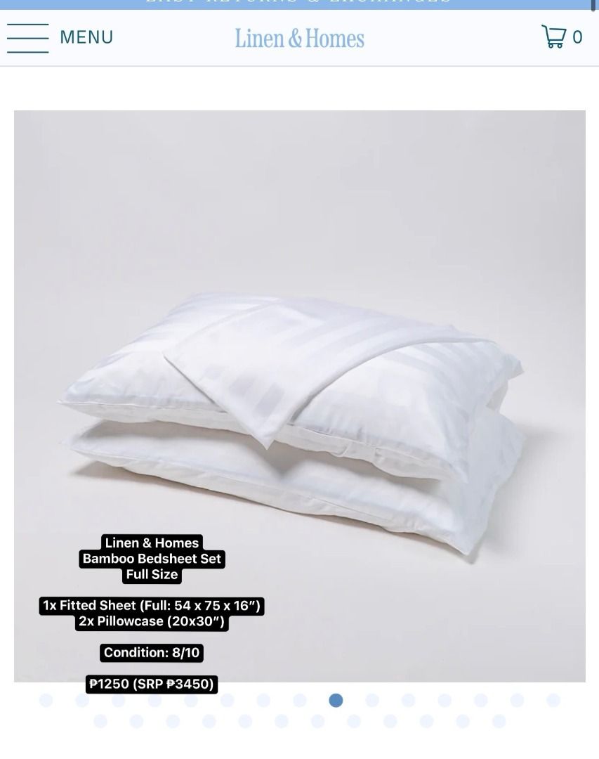 Linen & Homes Bamboo Starter Sheet Set (3 Piece Set) (Category: Bedding & Towels) located in Davao. Submitted by renewfinds (Listing ID 1428380549, Image 1). Description: Linen & Homes Bamboo Bedsheet Set Full Size 1x Fitted Sheet (Full: 54 × 75 × 16") 2x Pillowcase (20x30") Condition: 8/10 P1250 (SRP P3450).