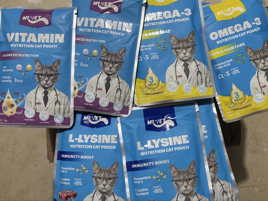 Mr. Vet Nutrition Cat Pouch (Category: Homes & Other Pet Accessories) located in Taguig. Submitted by anneing (Listing ID 1428394563, Image 1). Description: Expiration Date: 2027 PRICE •Per Pouch - 20 •3 box (36pcs) - 648 12pcs per flavor (Vitamin, Omega, Lysine).