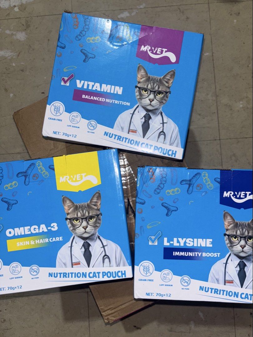 Mr. Vet Nutrition Cat Pouch (Category: Homes & Other Pet Accessories) located in Taguig. Submitted by anneing (Listing ID 1428394563, Image 2). Description: Expiration Date: 2027 PRICE •Per Pouch - 20 •3 box (36pcs) - 648 12pcs per flavor (Vitamin, Omega, Lysine).