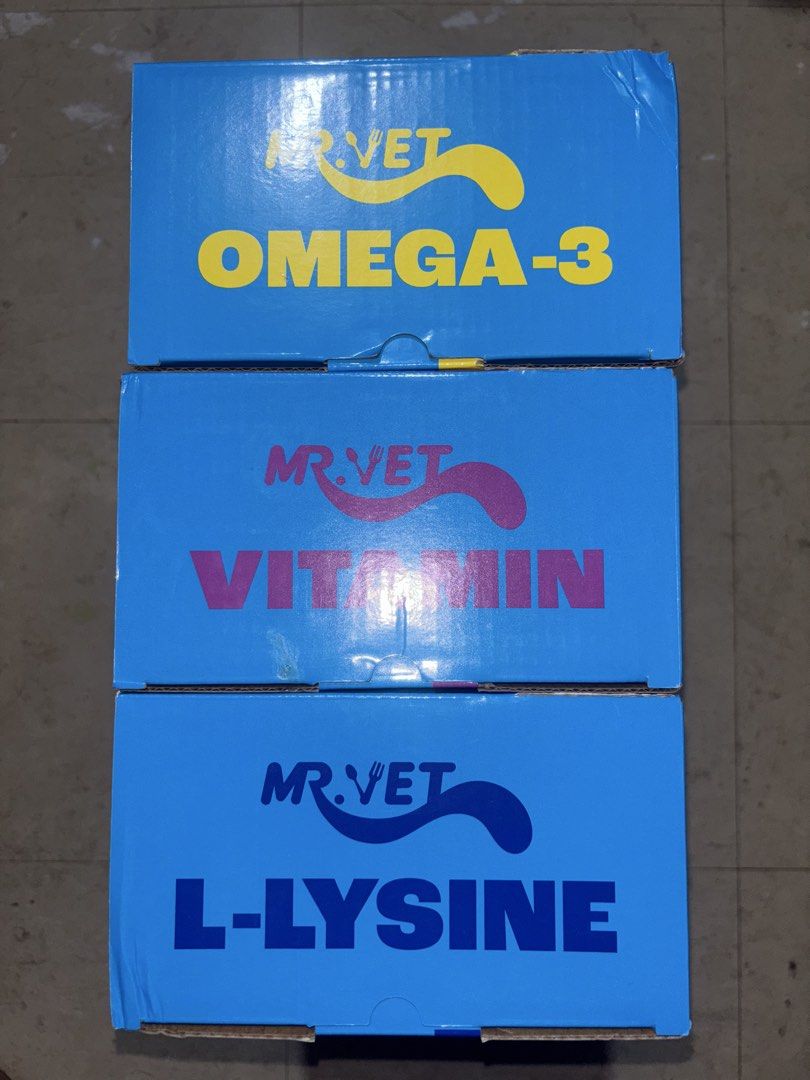 Mr. Vet Nutrition Cat Pouch (Category: Homes & Other Pet Accessories) located in Taguig. Submitted by anneing (Listing ID 1428394563, Image 3). Description: Expiration Date: 2027 PRICE •Per Pouch - 20 •3 box (36pcs) - 648 12pcs per flavor (Vitamin, Omega, Lysine).