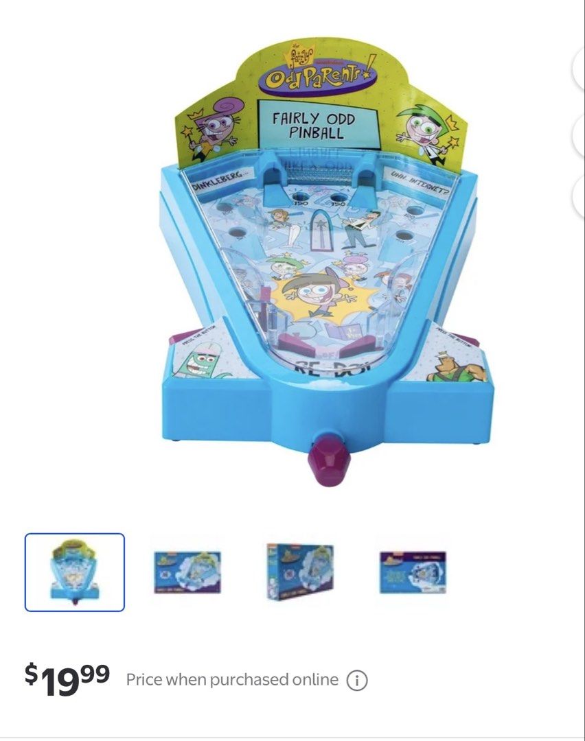 Nickelodean Fairly Odd Parents Pin ball machine (Category: Kids Toys) located in Paranaque City. Submitted by arianem031087 (Listing ID 1428279368, Image 3). Description: Fairly Odd Parents pinball machine features classic pinball action! It includes a playfield with Timmy Turner, Cosmo, and Wanda. The box shows the Nickelodeon logo and the words "Fairly Odd Pinball". The game is recommended for ages 6+. The online price is $19.99..