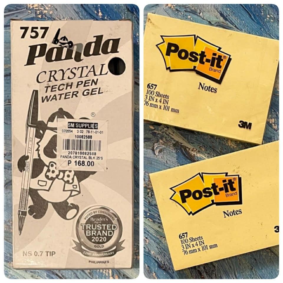 Panda Ballpens & Post-Its (3 pcs.) (Category: Stationery & School Supplies) located in Quezon City. Submitted by katchierandomness (Listing ID 1428336197, Image 1). Description: 1) Panda Crystal Black Ballpen Box (25 pens). 2) 3M Post-It Notes 3 in. x 4 in. (2 pieces) Price is for everything. You can pay via GCash, Maya or BPI QR code..
