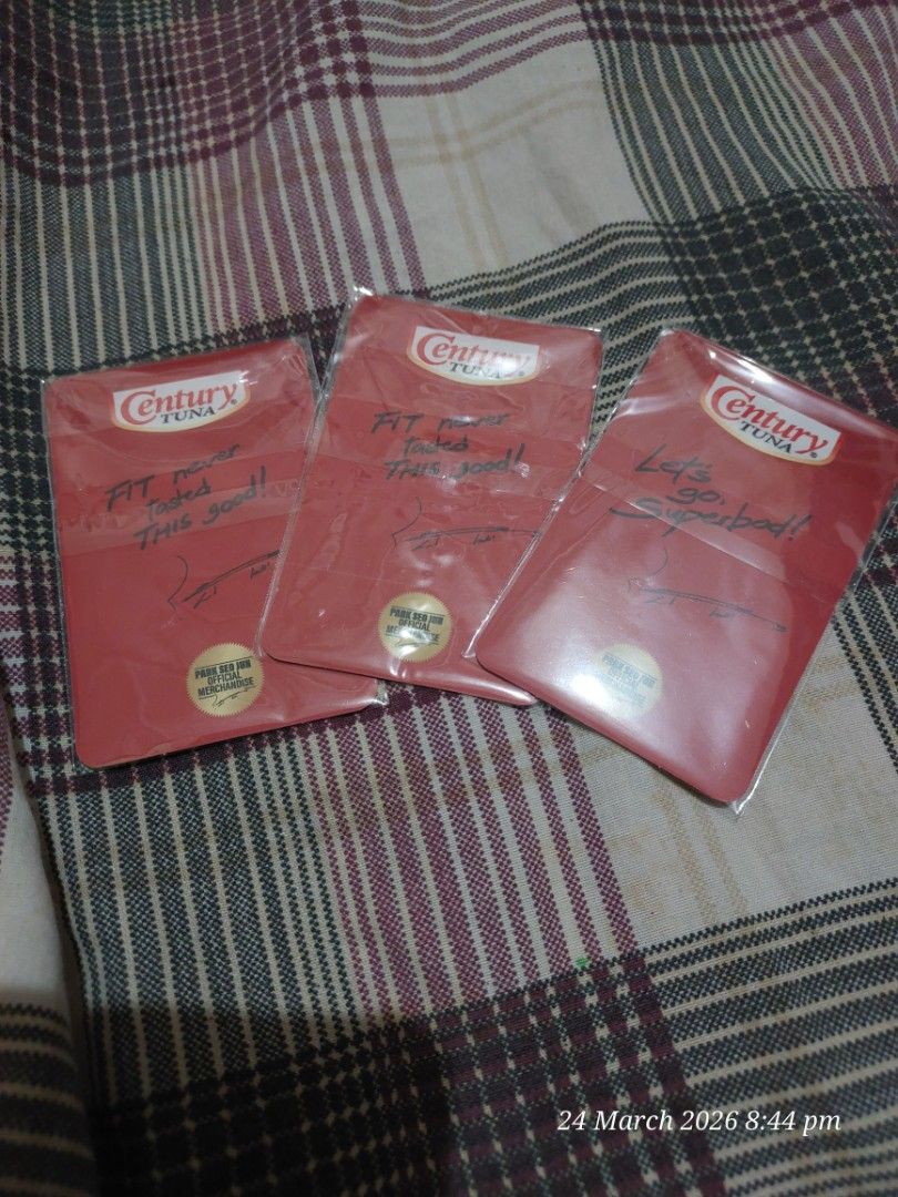 Park Seo Jun Century Tuna Photocards (Category: K-Wave Merchandise) located in Pasig City. Submitted by catherine030993 (Listing ID 1428266508, Image 2). Description: Set of Park Seo Jun Century Tuna photocards. Includes three photocards featuring Park Seo Jun in a white shirt, and one card with a Century Tuna design. The back of the cards have signatures. All cards are in their original packaging..