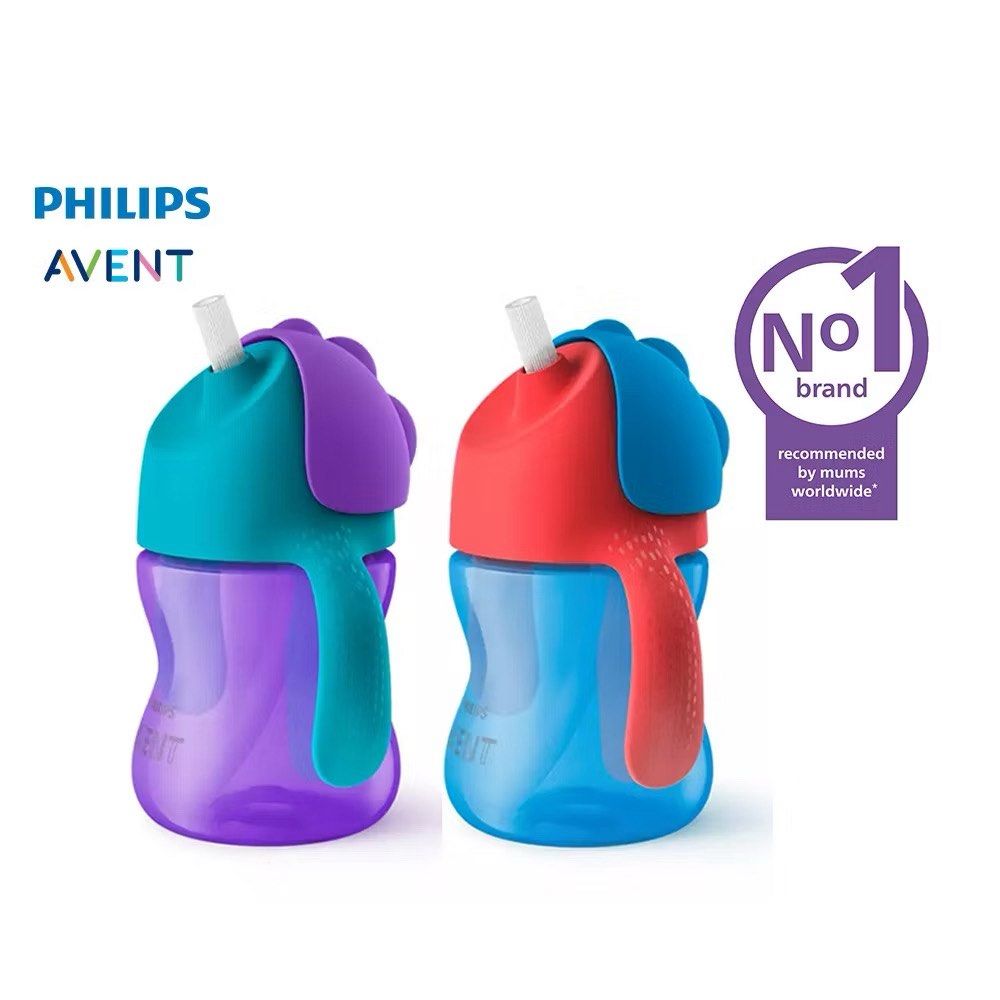 Philips Avent Bendy Straw Cup 200ml (Category: Weaning & Toddler Feeding) located in Las Pinas. Submitted by babyandmomstuffs (Listing ID 1428296231, Image 1). Description: Philips Avent Bendy Straw Cup, suitable for babies 9 months and older. It has a 200ml/7oz capacity. The cup features a bendy straw and handles for easy gripping. The images show two color variations: blue with red and purple with teal. The packaging indicates it supports healt