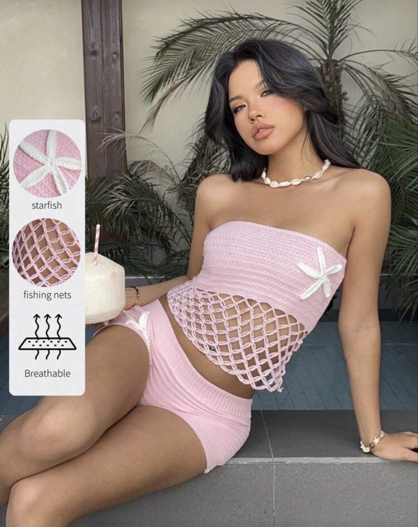 Pink Crochet Starfish Top (Category: Bikinis & Swimsuits) located in Caloocan City. Submitted by declutterr.clothes (Listing ID 1428364803, Image 3). Description: size S- M! can lalamovee mahal nito sa app 🥹 bnew all items! top onlyy.