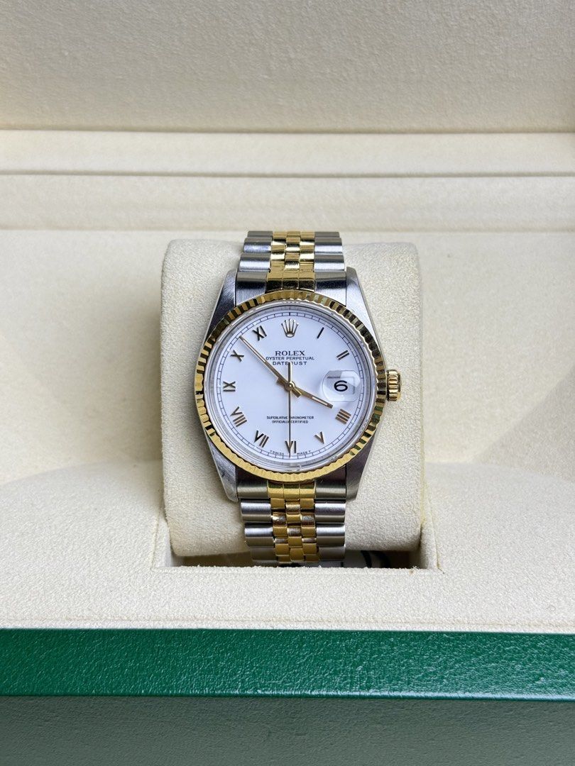 Rolex Datejust (Category: Luxury Watches) located in Quezon City. Submitted by LuxPieces (Listing ID 1428420812, Image 1). Description: Rolex Datejust Size 36mm Ref. 16233 Watch only White Roman Dial Year 1994 Freshly serviced and polished 345k only.