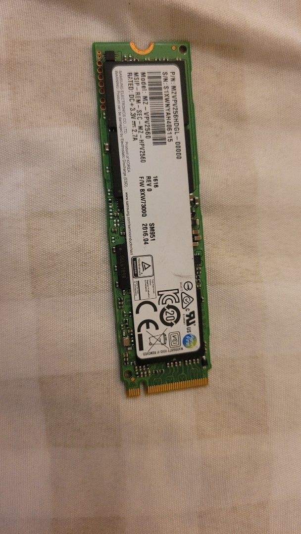 Samsung MZVPV256 SSD (Category: Computer Parts) located in Pasay City. Submitted by cupcakejunkie (Listing ID 1428294692, Image 1). Description: Samsung MZVPV256 SSD. Model MZ-VPV256D. The drive has a capacity of 256GB. It has a serial number starting with S13WNYAH036115. The manufacturing date is 2016.04..