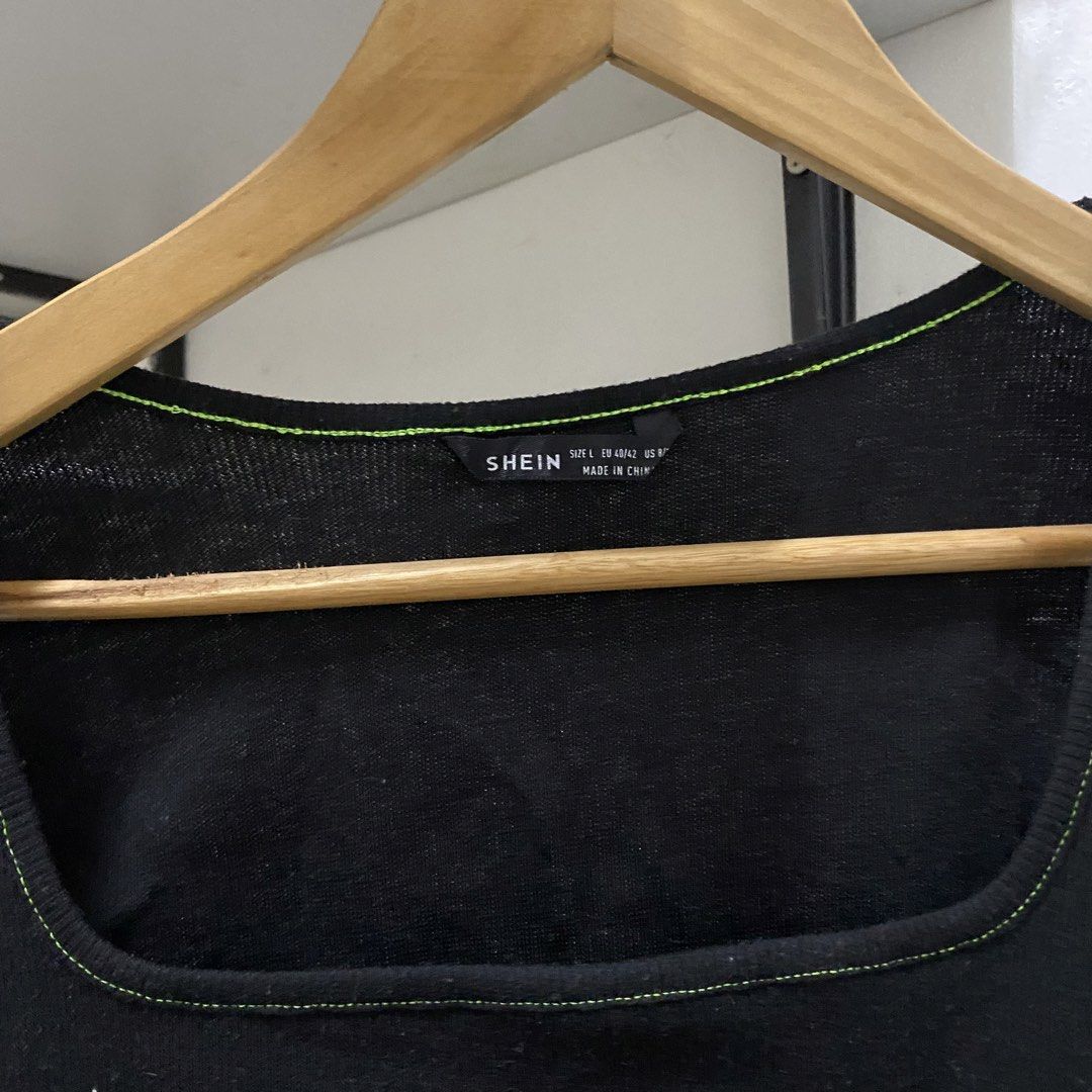 SHEIN Black Crop Top with Green Stitching (Category: Blouses) located in Pasig City. Submitted by preloved_mnla (Listing ID 1428268957, Image 2). Description: large on tag, but fits small to medium. Never worn. .