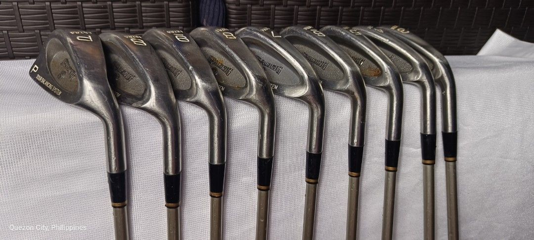 Spalding Golf Club Iron set (Category: Golf) located in Manila. Submitted by yeonmei5614747 (Listing ID 1428284316, Image 2). Description: Complete set of Extra golf clubs. Includes clubs numbered 3, 4, 5, 6, 7, 8, 9, and P. The club heads are silver with black grips. The shafts are a gold color. S Flexx Spalding Boron Shaft Right Handed .