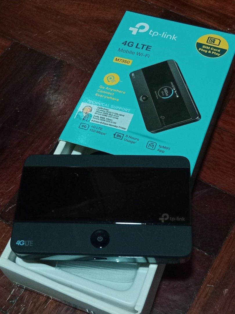 TP-Link 4G LTE Mobile Wi-Fi M7350 (Category: Networking) located in Balanga. Submitted by zrvrzrvr (Listing ID 1428266857, Image 1). Description: TP-Link 4G LTE Mobile Wi-Fi M7350. This device supports 4G LTE and is designed for mobile use. It features a SIM card slot for plug-and-play functionality. The device is shown with its original box with complete accessories. Original price with SF: 3,000 RFS: Declutttering..