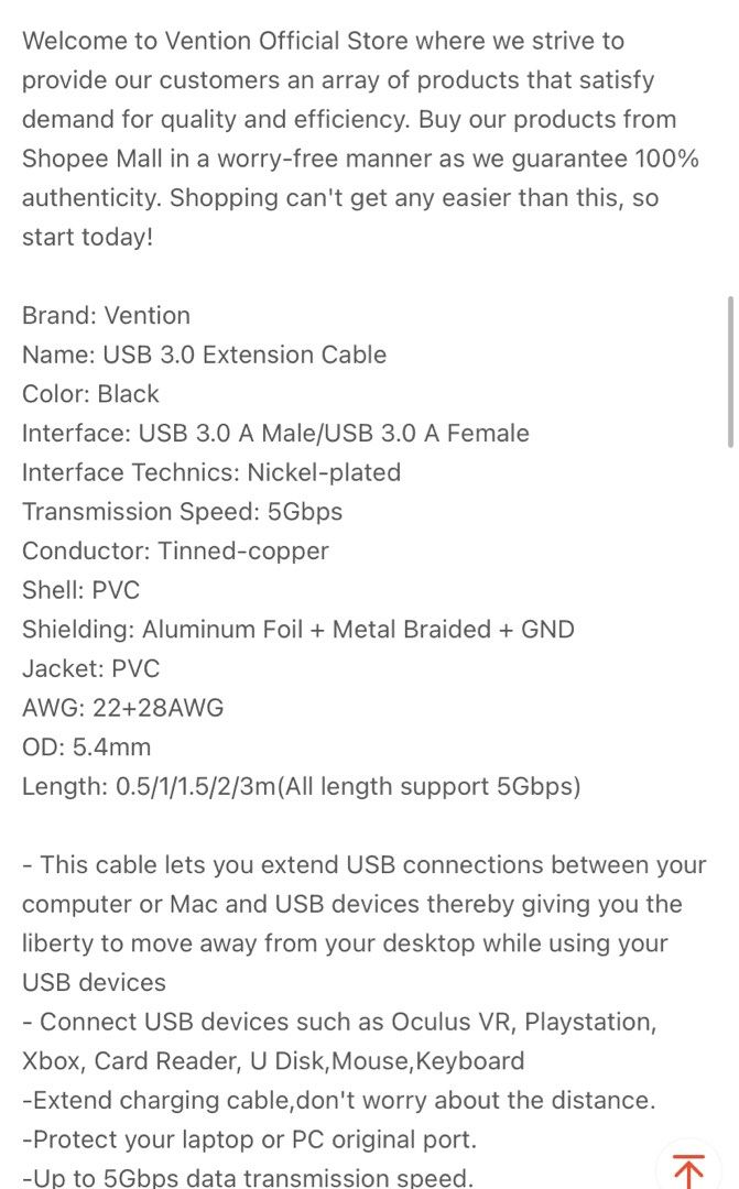 Vention USB 3.0 Extension Cable 0.5M Super Speed Extender Data Sync for PC Charger (Category: Cables & Adaptors) located in Cebu City. Submitted by hiraoya (Listing ID 1428387253, Image 3). Description: .