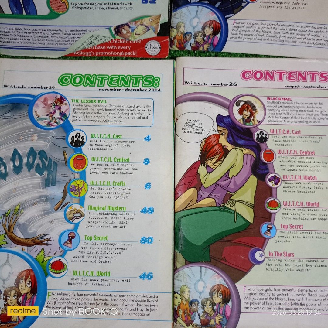 WITCH Comic Book Collection no Cover (Category: Comics & Manga) located in Polangui. Submitted by jumyrace2 (Listing ID 1428356985, Image 2). Description: Collection of W.I.T.C.H. comic books. Includes issues 23, 25, 26, 28, 29, and 42. The issues are dated from July 2004 to January 2005. Each comic features colorful illustrations and stories from the W.I.T.C.H. series. Perfect for fans and collectors..
