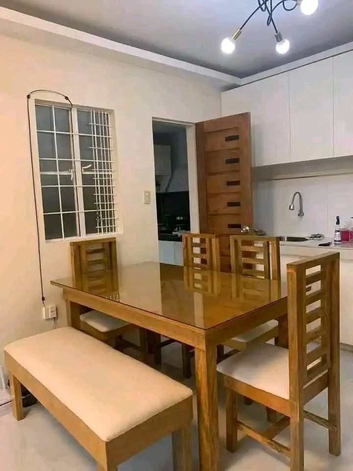 Wooden Dining Table Set with Chairs (Category: Tables & Sets) located in Mabalacat. Submitted by arlenemamangun01 (Listing ID 1428296070, Image 1). Description: High-quality Dining table set at an affordable price👌 Materials used: 📌Gemelina & mahogany wood 📌Uratex foam 📌German leather & fabric 📌Duco paint finished MADE TO ORDER⚒️ NO DP NEEDED✅ FREE TOP GLASS😍 COD & FREE DELIVERY 4 seater (3ft by 4ft) 6 seater (3ft by 5ft) 8 seater (3ft by 6