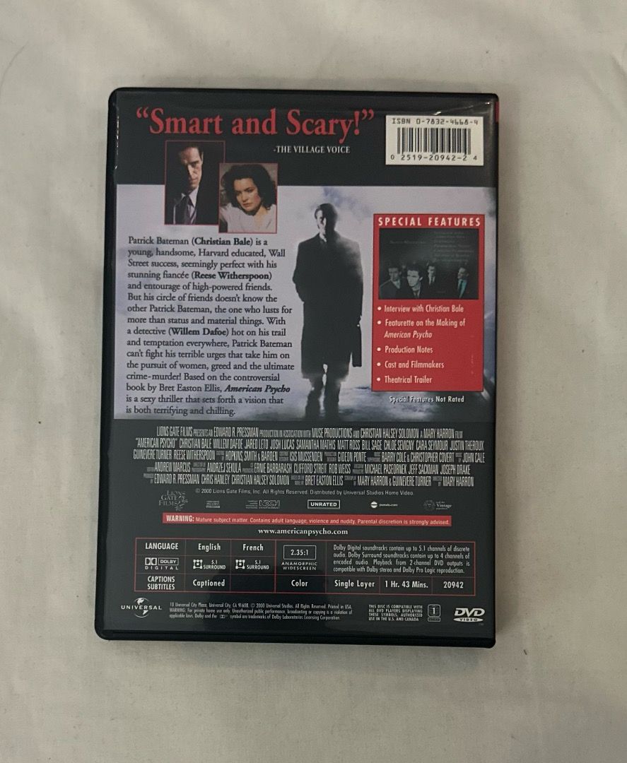 American Psycho DVD (Category: CDs & DVDs) located in San Juan City. Submitted by looneybin559 (Listing ID 1428563593, Image 3). Description: American Psycho DVD. Features include an interview with Christian Bale, a featurette on the making of American Psycho, cast and crew information, and theatrical trailers. The DVD has English and French audio options, and is single-layered. Running time is 1 hour and 43 minutes. Region 1 (Bought in the US). 