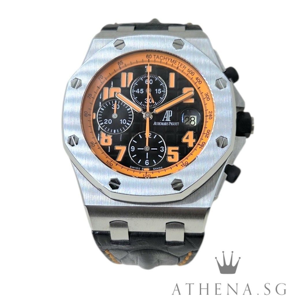 AUDEMARS PIGUET ROYAL OAK OFFSHORE CHRONOGRAPH “VOLCANO” “H” SERIES WITH BOX & CERT DATED 04/2011 26170ST.OO.D101.CR.01 (Category: Watches) located in Singapore. Submitted by athenawatches (Listing ID 1428470514, Image 1). Description: JGWAP_142 Brand Audemars Piguet Model 26170ST.OO.D101.CR.01 Series "H" Series Colour of Dial Black Dial with “Méga Tapisserie” Pattern Bezel Fixed Stainless Steel Octagonal Bezel Case Diameter 42mm Case Material St