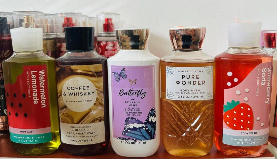 Bath and Body Works Body Wash (Category: Bath) located in Las Pinas. Submitted by UNQUARANTINED (Listing ID 1428447369, Image 1). Description: - Bath & Body Works Body Wash - Available Scents: Watermelon Lemonade, Coffee & Whiskey, Butterfly, Pure Wonder, and Strawberry Soda - Size: 10 fl oz / 295 mL - Condition: Excellent - Payment first before shipping - Courier: LBC only - No returns or exchanges.