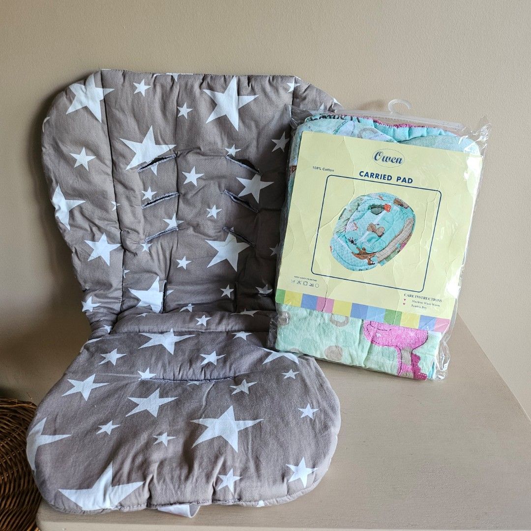 Car seat and Carrier Pad (Category: Car Seats) located in Marikina City. Submitted by rsmade (Listing ID 1428489049, Image 1). Description: ‼️ priority to set buyer ‼️ Taupe Print Stars - Car Seat Pad ( fits Chicco Car Seat ) Animal Printed Oval Shape - Carrier Pad ( Owen Brand / fits Graco newborn Carrier ) note: signs of usage - carrier pad with stain ( see close up photo for reference ). .