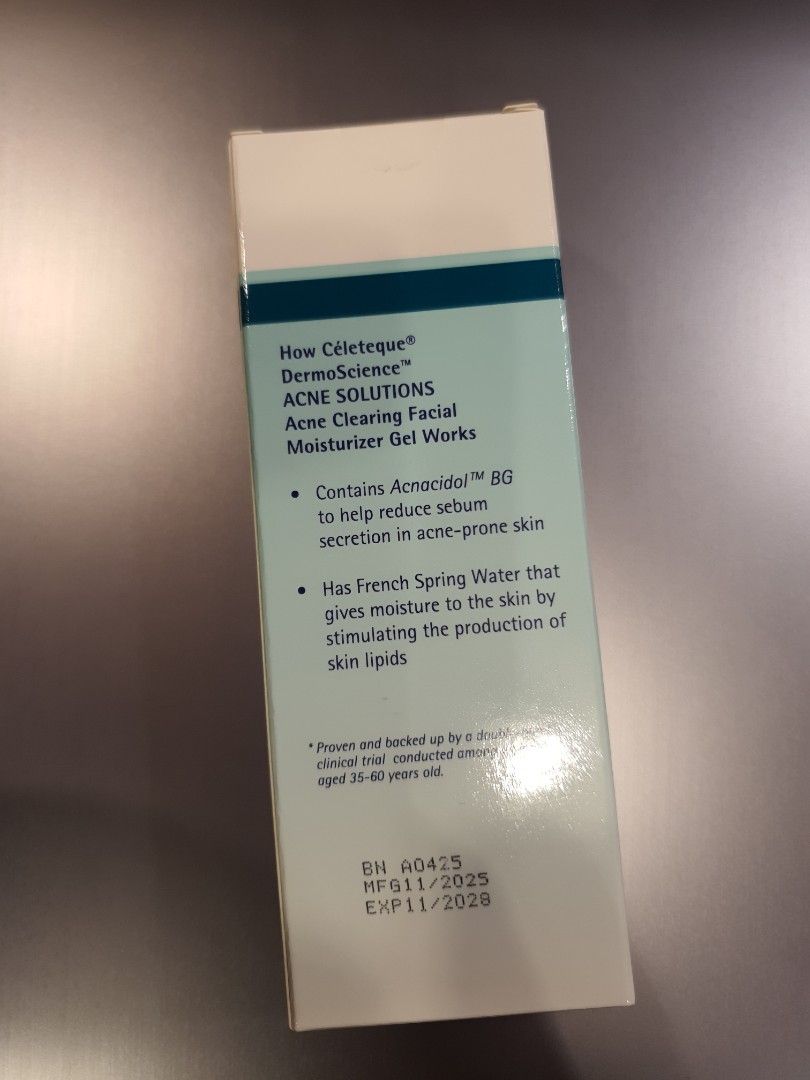 Celeteque DermoScience Acne Clearing Facial Moisturizer Gel (Category: Face Care) located in Quezon City. Submitted by marshmaaallow_ (Listing ID 1428547019, Image 2). Description: Brand new. Bought for P324. RFS: wrong product pala. my bad. :(.