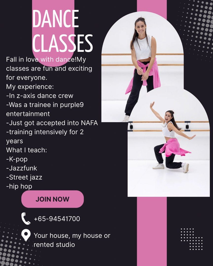 Dance trainer! (Category: Exercise Mats) located in Singapore. Submitted by wonnieyoi (Listing ID 1428512600, Image 1). Description: I’m Adele and I have been dancing intensively for 3 years and currently in NAFA I am looking to teach kids under the age of 12.1 teach mainly jazzfunk ,hiphop and kpop. I can do a more fun lesson or a structured lesson for extremely fast improvement. Location will be either my house or the students house or a rented