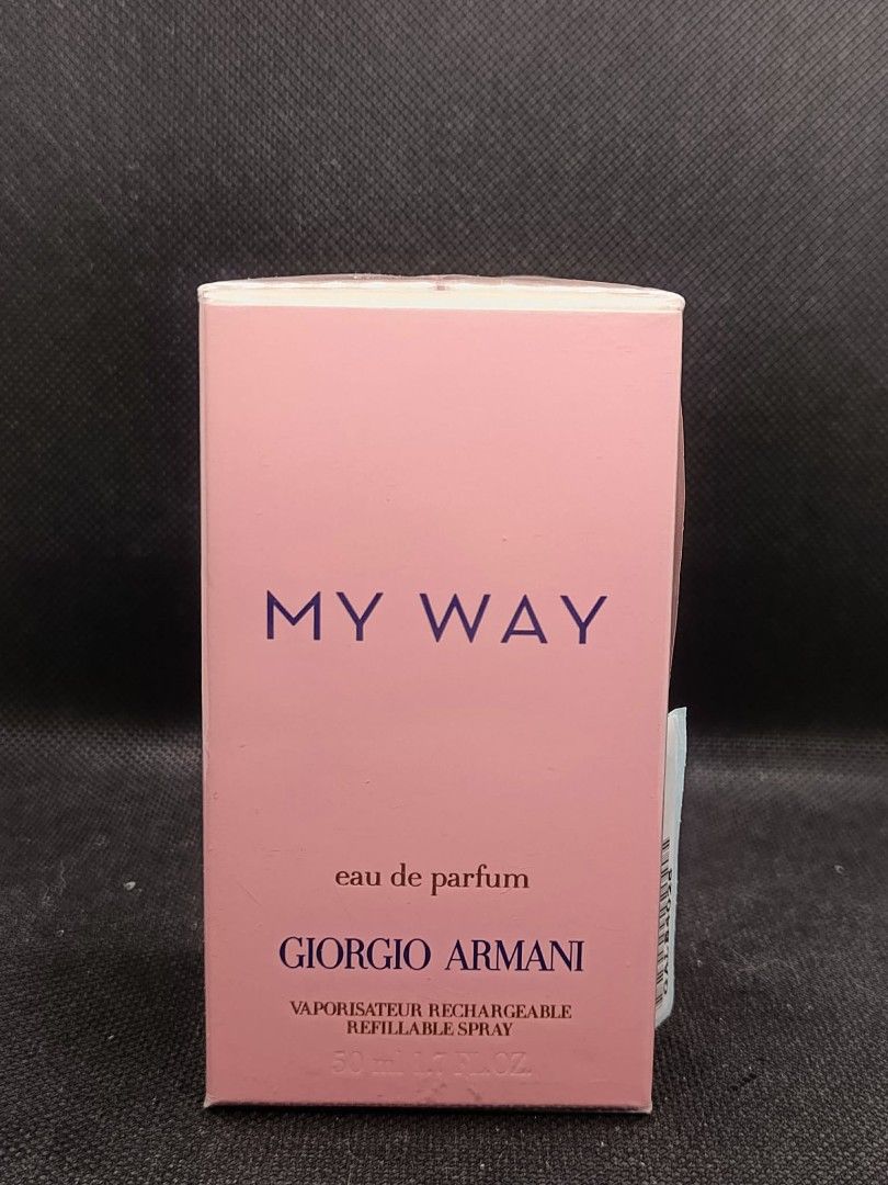 Giorgio Armani My Way Eau de Parfum (Category: Fragrance & Deodorants) located in Kawit. Submitted by chapter.leaf14 (Listing ID 1428602986, Image 1). Description: Authentic Giorgio Armani My Way Eau de Parfum. The box indicates it is a vaporisateur rechargeable refillable spray. Distributed by Kurtan Marketing Corporation. Manufacturing date is 07/01/2022. The item is new and sealed..