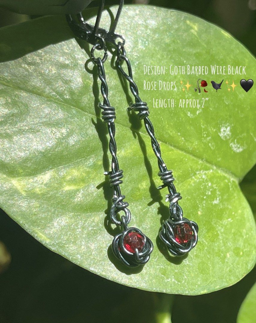 Goth Earrings - Barbed wire with black rose drop (Category: Earrings) located in Muntinlupa City. Submitted by alabangbargains (Listing ID 1428494356, Image 2). Description: Not your soft girl era anymore. These handmade barbed wire earrings are wrapped in dark energy—featuring twisted black copper wire shaped like barbed wire, finished with a delicate black rose bead that feels both fragile and dangerous. 🖤 Lightweight but statement-making 🖤 G