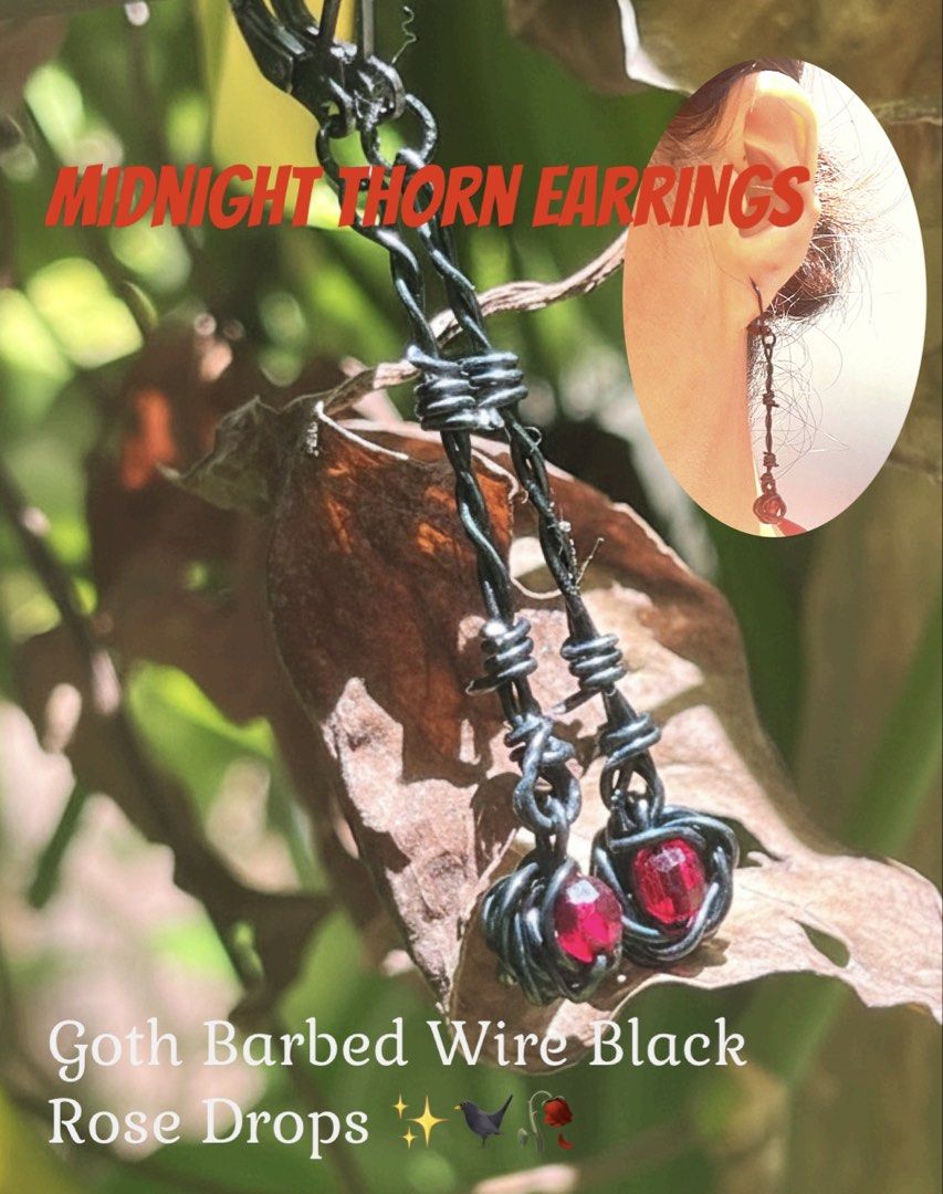 Goth Earrings - Barbed wire with black rose drop (Category: Earrings) located in Muntinlupa City. Submitted by alabangbargains (Listing ID 1428494356, Image 1). Description: Not your soft girl era anymore. These handmade barbed wire earrings are wrapped in dark energy—featuring twisted black copper wire shaped like barbed wire, finished with a delicate black rose bead that feels both fragile and dangerous. 🖤 Lightweight but statement-making 🖤 G