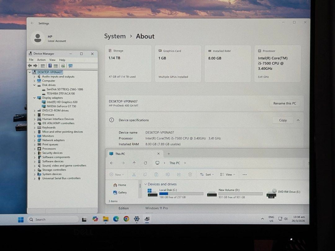 HP ProDesk Business Office WFH School Students HBL Essential Desktop Computer PC CPU Processor intel i5-7500 Storage SSD 256GB + HDD 1TB Ram 8GB DDR4 Nvidia GeForce GT 730 Graphics GPU Windows 11 Pro422425372594032642