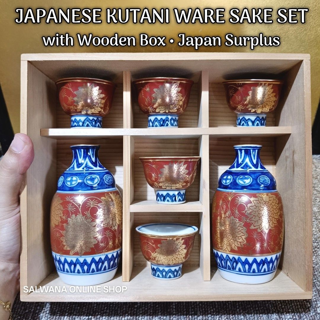 JAPAN SURPLUS VINTAGE KUTANI WARE SAKE SET (Category: Coffee & Tea Tableware) located in Mabalacat. Submitted by salwanaonlineshop (Listing ID 1428521042, Image 1). Description: JAPAN SURPLUS VINTAGE KUTANI WARE SAKE SET 🇯🇵 Vintage - Unused Condition 🇯🇵 With wooden box 🇯🇵 2 bottles + 5 cups 🇯🇵 No issue 🇯🇵 Japan Source 🛒 Follow us on S.H.O.P.E.E and L.A.Z.A.D.A at SALWANA ONLINE SHOP for more rare, vintage, collectible, unique surplus i