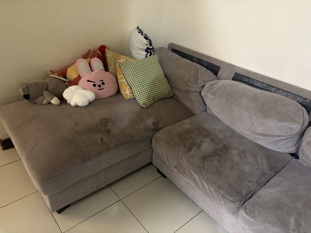 L-Shaped Grey Sofa (Category: Sofas) located in Manila. Submitted by jeung_liz (Listing ID 1428578574, Image 2). Description: Buy this sofa from All Home Very good condition, you just need to clean the sofa We need space in our home and make it more minimalist Location Taguig City.