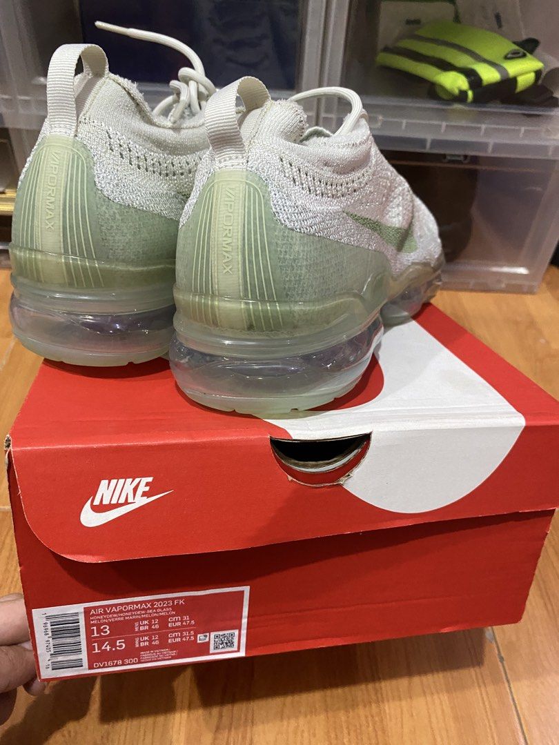 Nike Vapormax 2023 Honey Dew (Category: Sneakers) located in Manila. Submitted by fullcount.ph (Listing ID 1428543990, Image 3). Description: Nike Air Max 2023 Honey Dew Size: 13 US Brand New Complete with box (Damage) Meetup: Nuvali.