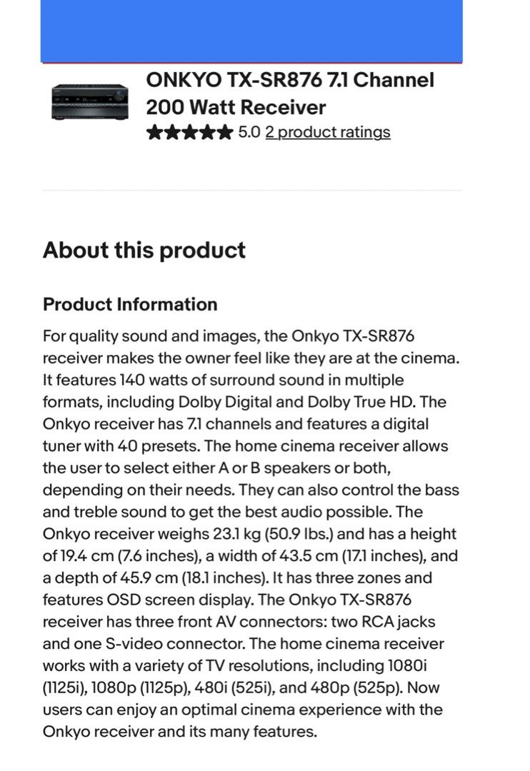 Onkyo TX-SR876 7.1 Channel Receiver (Category: Soundbars, Speakers & Amplifiers) located in Makati City. Submitted by sounddimension.475 (Listing ID 1428596965, Image 2). Description: Onkyo AV Receiver THX ULTRA 2 plus 140WATTS RMS 7.1 Black color No remote control Top condition Very nice audio quality Very fresh 1st owned Condition: 9.7/10 220volts 50 lbs.