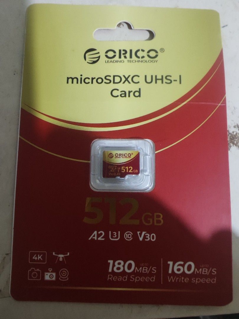 Orico 512gb Micro SD Card (Category: Memory & SD Cards) located in Muntinlupa City. Submitted by gdupalco (Listing ID 1428604923, Image 1). Description: Read Speed : 180MB/s Write Speed : 160MBs Original. Brand New. Sealed. Test all you want. .