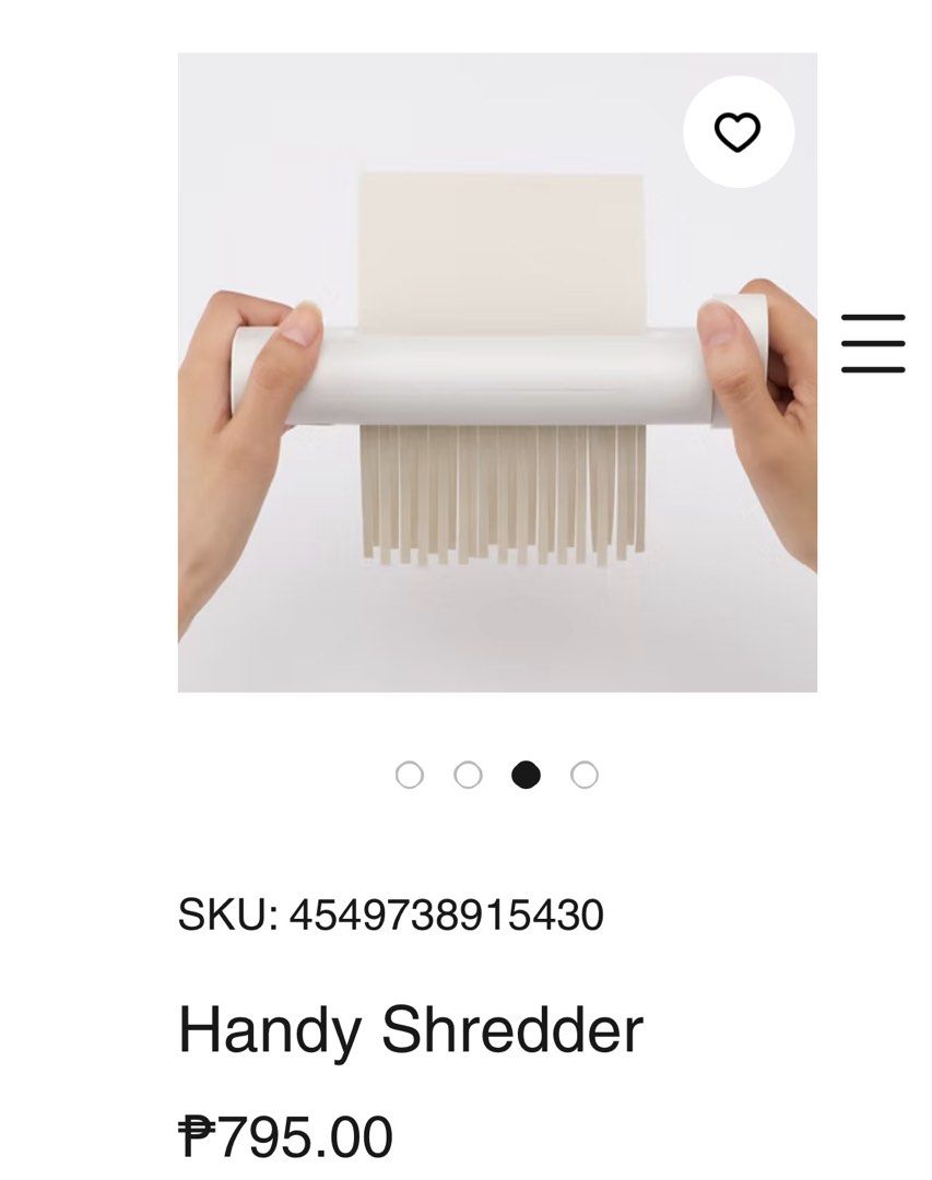 Original MUJI Handy Shredder (Category: Office & Business Technology) located in Cebu City. Submitted by happyheartcebu (Listing ID 1428443051, Image 1). Description: Handy shredder is perfect for quickly and easily destroying sensitive documents. It can shred up to two sheets of copier paper at a time. The compact design makes it easy to store and use. It's a great tool for home or office use, ensuring your documents are securely disposed of. Or