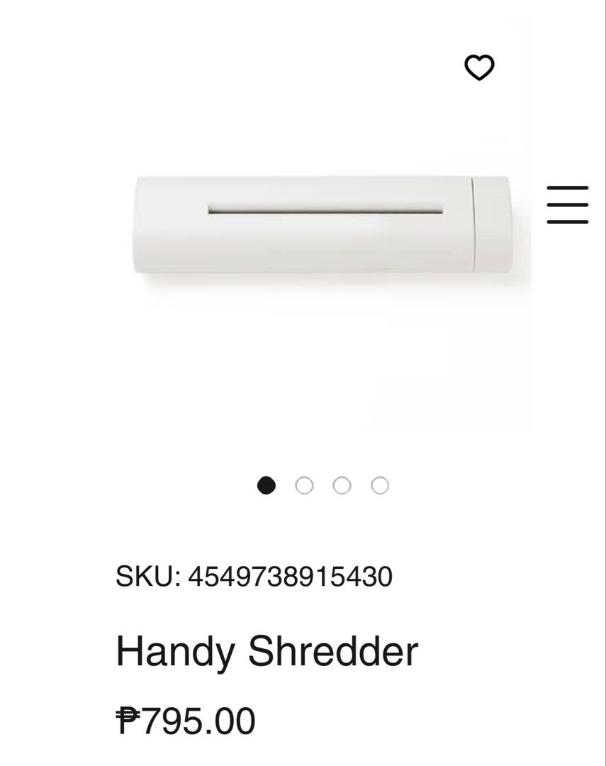 Original MUJI Handy Shredder (Category: Office & Business Technology) located in Cebu City. Submitted by happyheartcebu (Listing ID 1428443051, Image 2). Description: Handy shredder is perfect for quickly and easily destroying sensitive documents. It can shred up to two sheets of copier paper at a time. The compact design makes it easy to store and use. It's a great tool for home or office use, ensuring your documents are securely disposed of. Or