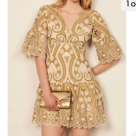 Sandro Embroidered Green Mini Dress (Category: Dresses) located in Manila. Submitted by declutterwithC (Listing ID 1428483673, Image 1). Description: Size: Medium to Large Beautiful Sandro inspire mini dress featuring intricate embroidery and a flattering V-neckline. It has elegant bell sleeves and a fitted waist that flows into a tiered skirt. The dress is adorned with delicate floral and paisley patterns. It has a button-down front and a scallo