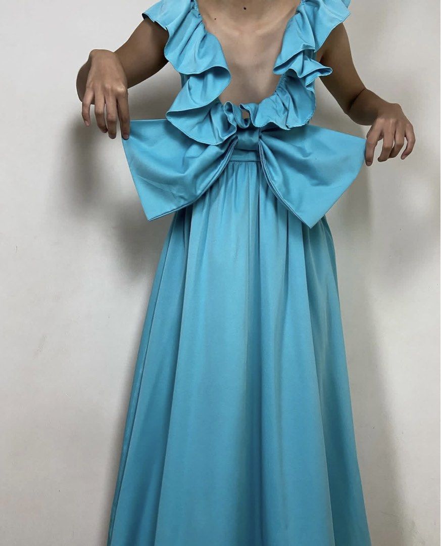 Tiffany Blue Ruffle Bow Maxi Dress (Category: Dresses) located in Cebu City. Submitted by prelovedceb (Listing ID 1428495517, Image 2). Description: Not Zara. Bought online. Only used once! This is so pretty in person :).