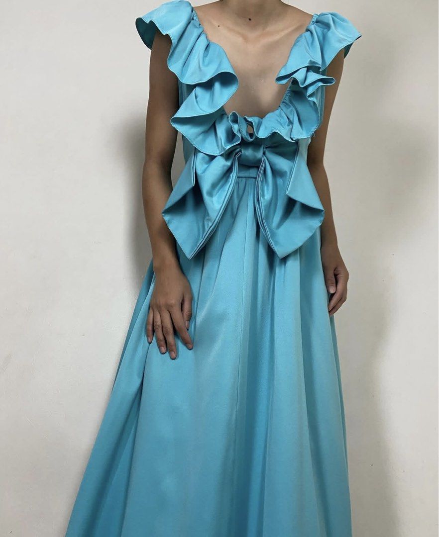Tiffany Blue Ruffle Bow Maxi Dress (Category: Dresses) located in Cebu City. Submitted by prelovedceb (Listing ID 1428495517, Image 1). Description: Not Zara. Bought online. Only used once! This is so pretty in person :).
