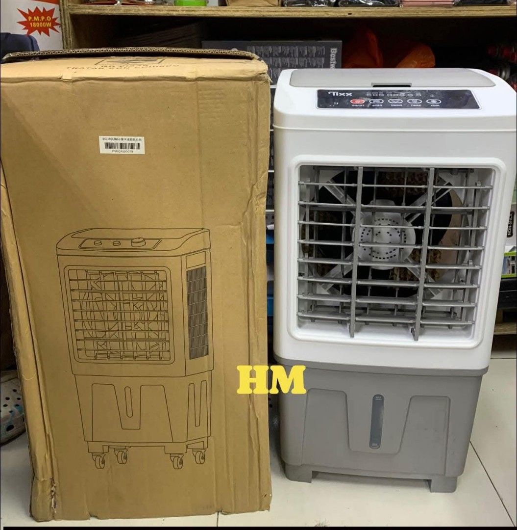 Tixx Air Cooler JB2626-R (Category: Air Conditioning and Heating) located in Manila. Submitted by jelai.cybyb (Listing ID 1428558938, Image 1). Description: Tixx Air Cooler with remote control and user manual. Features include speed, swing, timer, and cool settings. Includes ice packs for enhanced cooling. Model JB2626-R. Voltage AC 220-240V, Frequency 50Hz, Power 60W. Dimensions are 410x315x760mm. Net weight is 4.7 kg, gross weight is 6.0 kg. Co