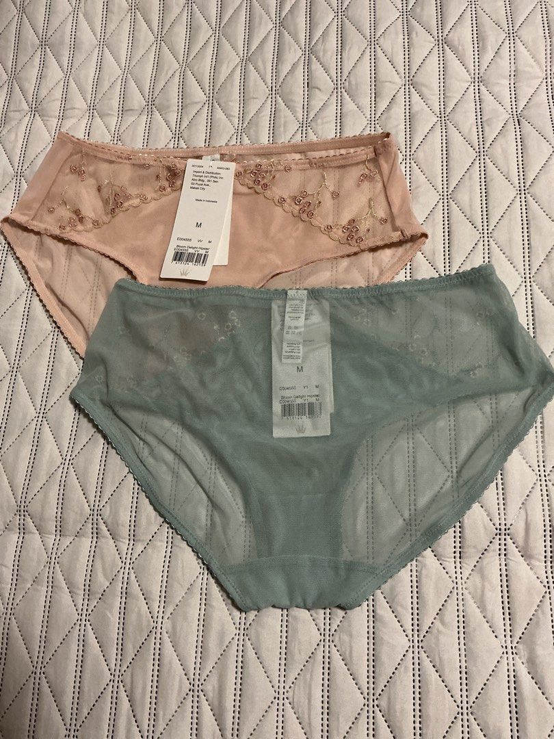 Triumph Panties - Pink and Green (Category: Undergarments & Loungewear) located in Makati City. Submitted by boldturtle-8720 (Listing ID 1428574710, Image 2). Description: Retails for 599, selling for 350 each. Triumph panties, in pink and green. Both pairs have lace detailing on the front and are size M. The pink pair has a delicate floral lace design, while the green pair features a more subtle, dotted lace pattern. Both pairs have tags attache