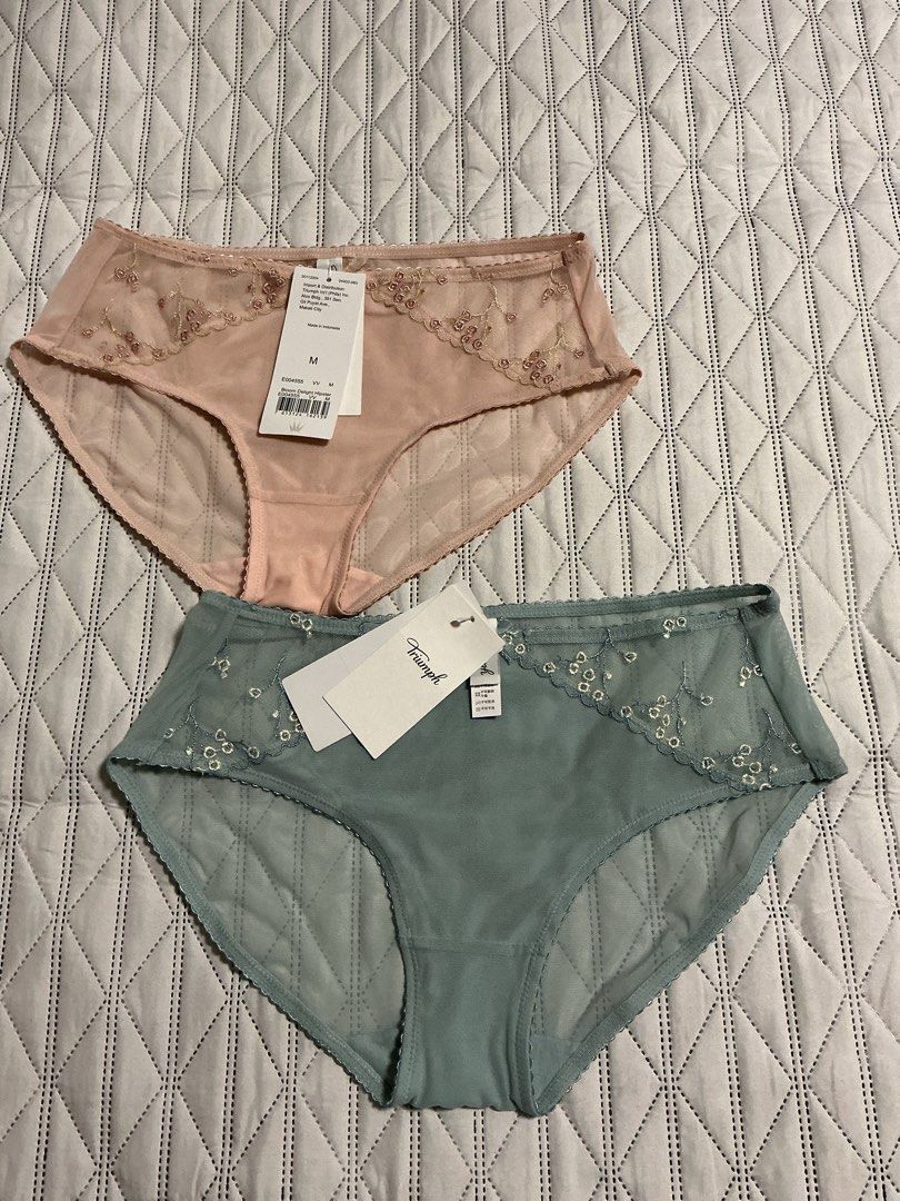 Triumph Panties - Pink and Green (Category: Undergarments & Loungewear) located in Makati City. Submitted by boldturtle-8720 (Listing ID 1428574710, Image 1). Description: Retails for 599, selling for 350 each. Triumph panties, in pink and green. Both pairs have lace detailing on the front and are size M. The pink pair has a delicate floral lace design, while the green pair features a more subtle, dotted lace pattern. Both pairs have tags attache