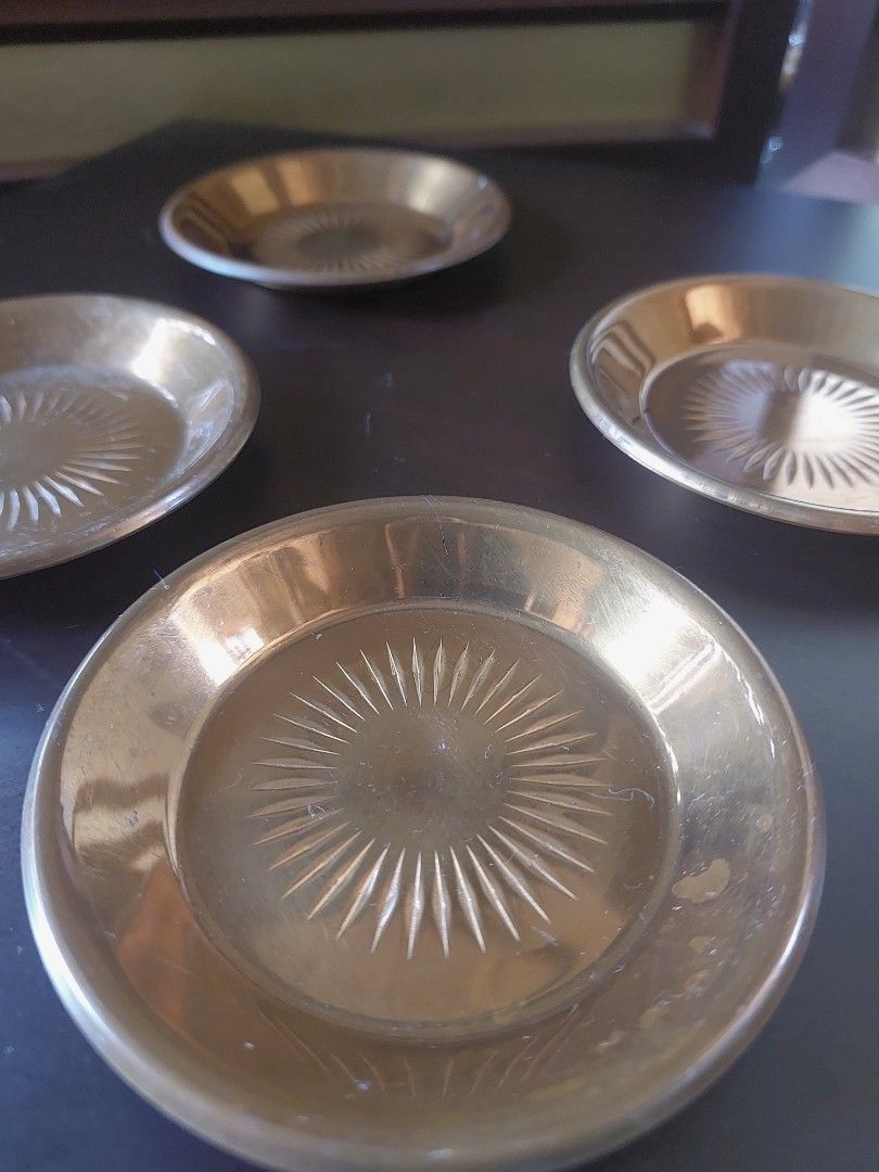 Vintage Copper Tea Set with Saucers (Category: Coffee & Tea Tableware) located in Bulacan. Submitted by hnbfinds (Listing ID 1428437306, Image 3). Description: The Ultimate Vintage Copper Showcase 🏺✨ Caption: "There’s something about the sunset glow of hammered copper that instantly warms up a room. 🌅 This vintage set is a masterclass in craftsmanship—from the intricate sunburst etchings on the thali plates to the classic tripod feet on the lid