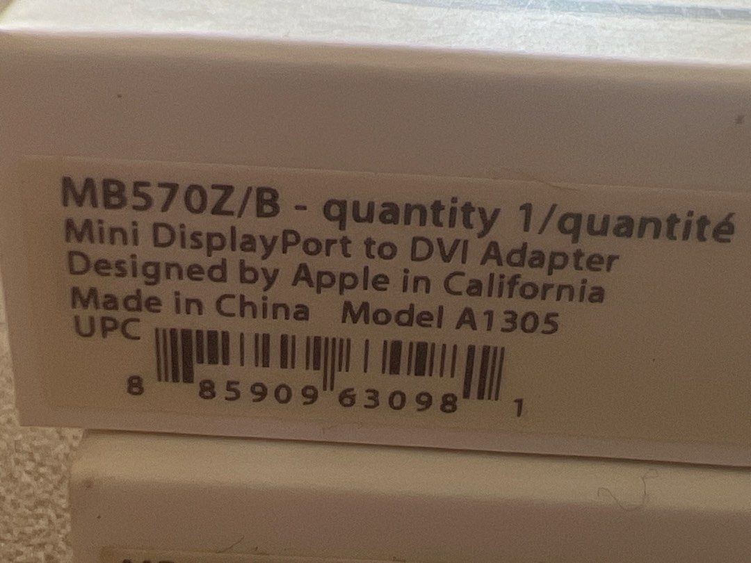 Apple Mini DisplayPort to DVI Adapter (Category: Cables & Adaptors) located in Taguig. Submitted by joe.olx (Listing ID 1428646046, Image 3). Description: Genuine Apple Mini DisplayPort to DVI Adapter. Model A1305. Connects your Mini DisplayPort-equipped device to a DVI display. Designed by Apple in California. Made in China. Includes the adapter only. Quantity 1. Discount if you buy in bulk :).