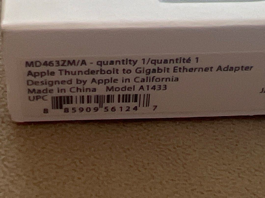 Apple Thunderbolt to Gigabit Ethernet Adapter A1433 (Category: Cables & Adaptors) located in Taguig. Submitted by joe.olx (Listing ID 1428644911, Image 3). Description: Apple Thunderbolt to Gigabit Ethernet Adapter. Model A1433. Connects your Mac to a Gigabit Ethernet network. Designed by Apple in California. Includes the original packaging. The adapter allows for a fast and reliable network connection..