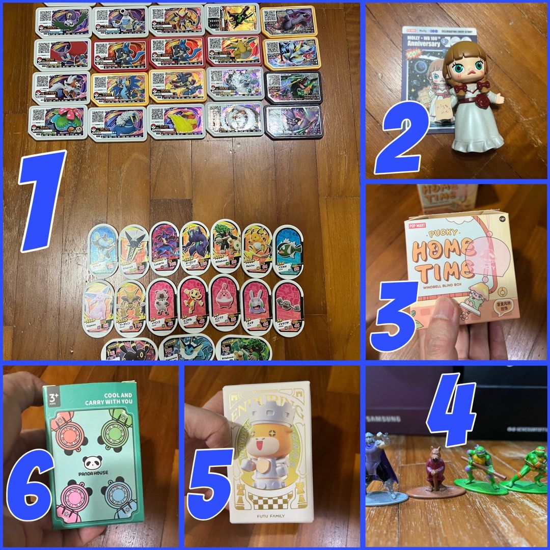 Assorted items (Category: Designer & Blind Box Toys) located in Singapore. Submitted by passion_collector (Listing ID 1428641450, Image 1). Description: 1) Pokémon game cards / tokens - All for $20 2) Pop Mart Molly Annabelle - $20 3) Pop Mart Windbell - both for $30 - Goodnight baby - At your service 4) Diecast TMNT - All for $20 - Shredder - Splinter - Donatello - Michelangelo 5) FUTU Family Knight - $20 6) DUDU Mini Fun Orange - $15 What you s