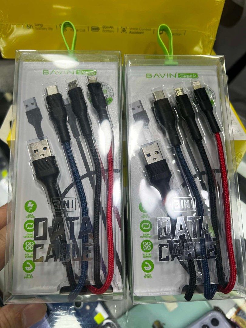 BAVIN 3-in-1 Data Cable (Category: Cables & Adaptors) located in San Juan City. Submitted by pandmcellphoneacessories (Listing ID 1428639594, Image 2). Description: BAVIN 3-in-1 data cable supports quick charging. It features USB, Type-C, and Lightning connectors. The cable has a braided design for durability. It is designed for multiple devices. The packaging indicates it is a new item..