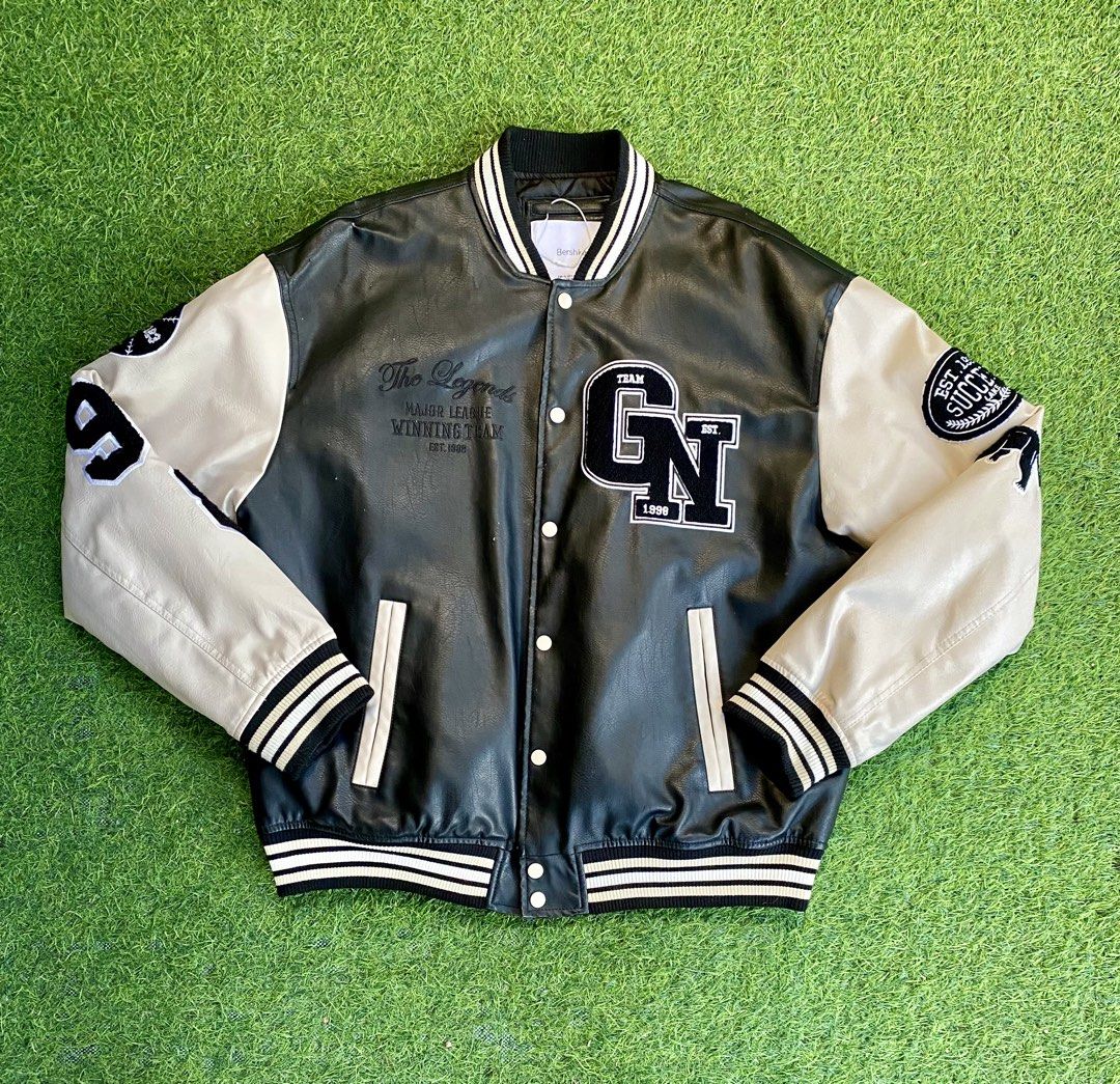 Bershka Varsity Jacket (Category: Coats, Jackets and Outerwear) located in Santa Rosa. Submitted by pochihappycoal (Listing ID 1428662920, Image 1). Description: Bershka Faux Leather Varsity Jacket.