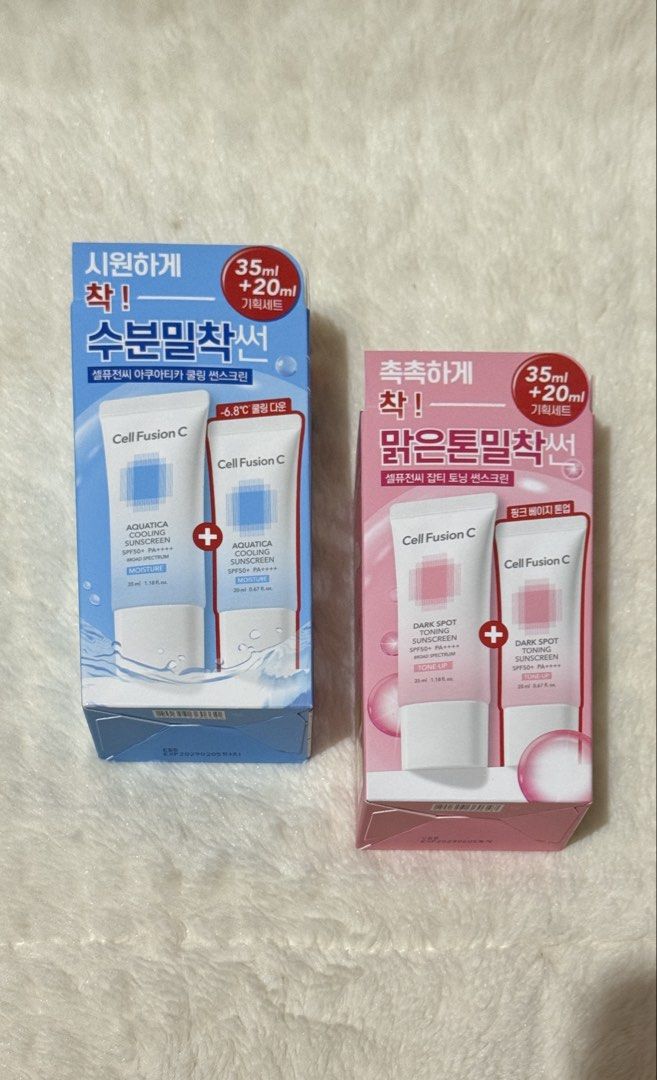 Cell Fusion C Sunscreen 35ml (+20ml ) (Category: Face Care) located in Pasay City. Submitted by zette_ (Listing ID 1428781826, Image 1). Description: 💯% FROM OLIVE YOUNG 💯% AUTHENTIC FROM SOUTH KOREA ✔️Cell Fusion C Dark Spot Toning Sunscreen 35ml Set (+20ml) ✔️Cell Fusion C Aquatica Cooling Sunscreen 35ml Set (+20ml) .
